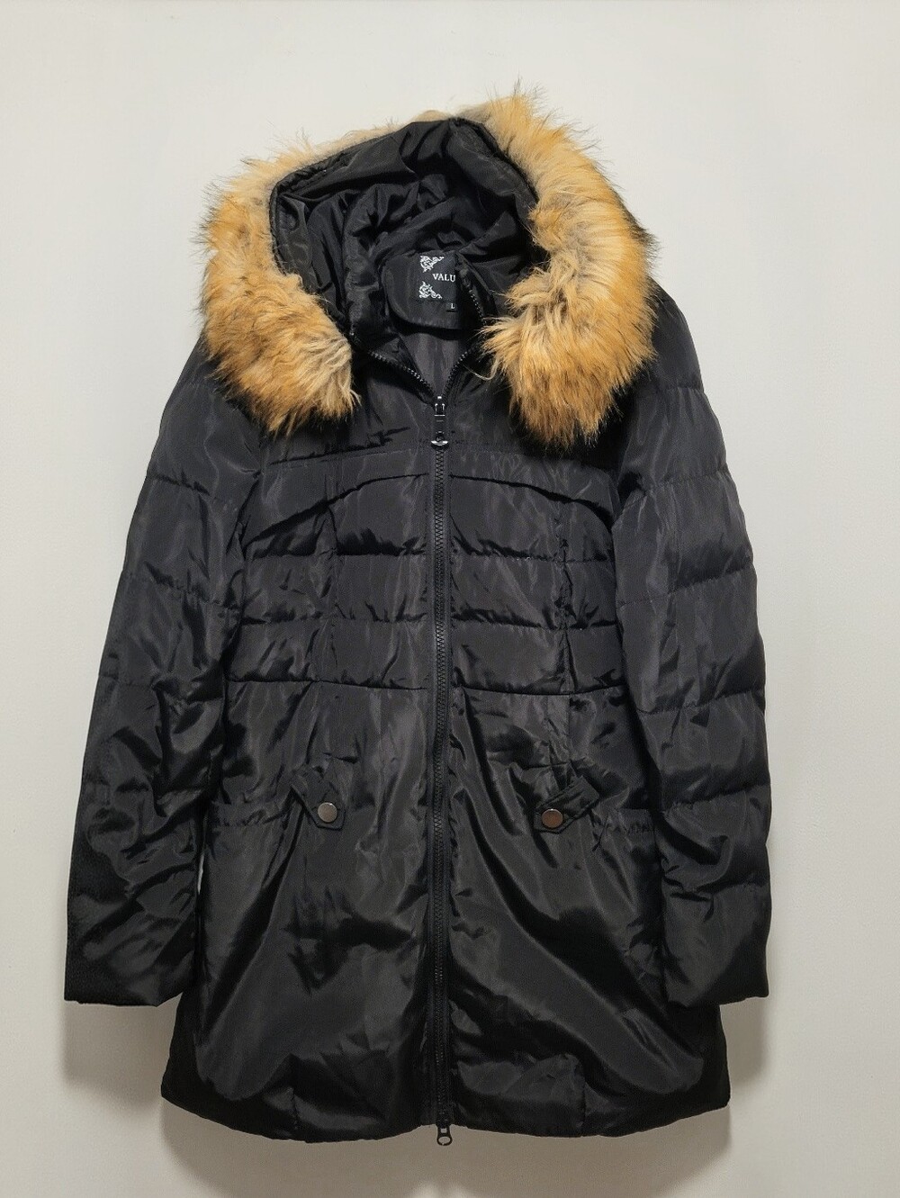 Valuker Black Quilted Puffer Coat Faux Fur Trim Hood Down Feather Winter Lined L